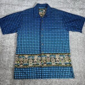 Vtg No Boundaries Shirt Large Tiki God Thatch Print Loop Collar Camp‎ Hawaiian